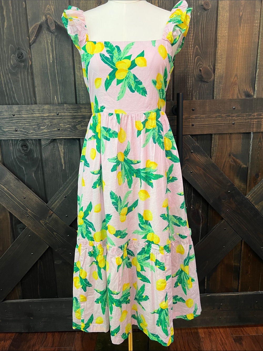 J. Crew Lemon Midi Dress 8 Pink Flutter Smocked Flowy Lined 100% Cotton Garden